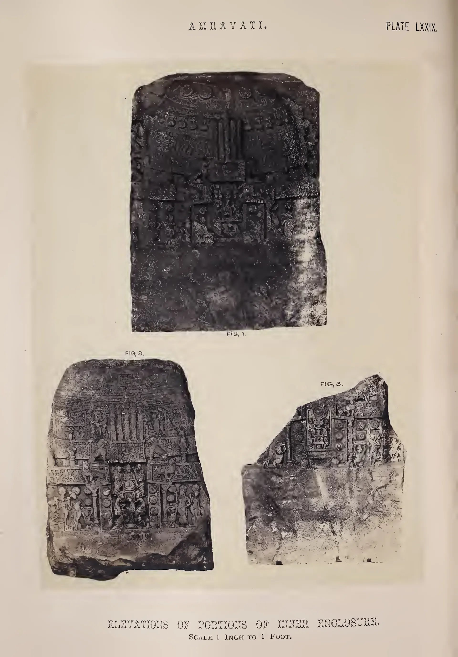 Photograph of three slabs from the inner rail carved with stupas.
