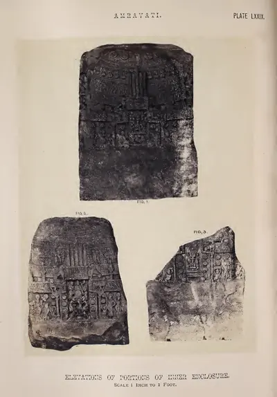 Photograph of three slabs from the inner rail carved with stupas.