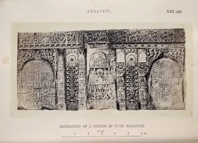 Photographic montage of slabs carved with stupas, pilasters and frieze pieces arranged as a section of the inner rail.