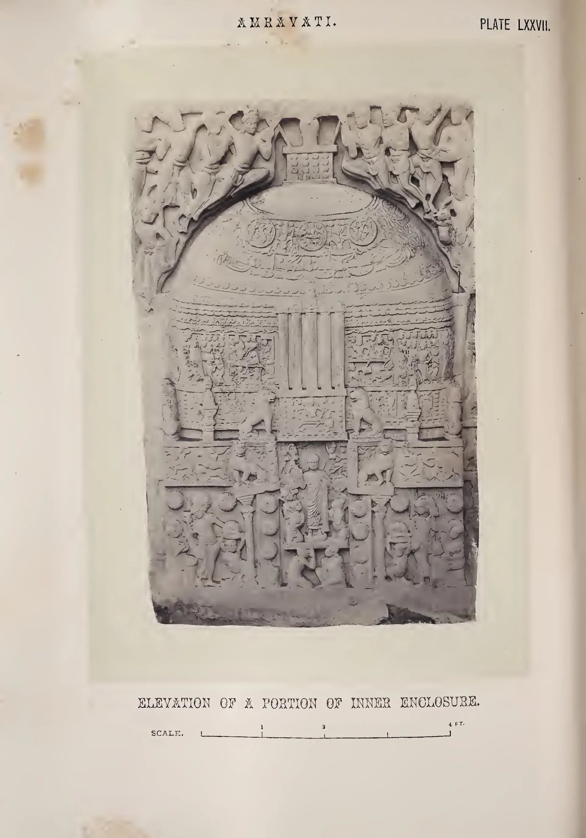 Photograph of a slab carved with a stupa and figures.