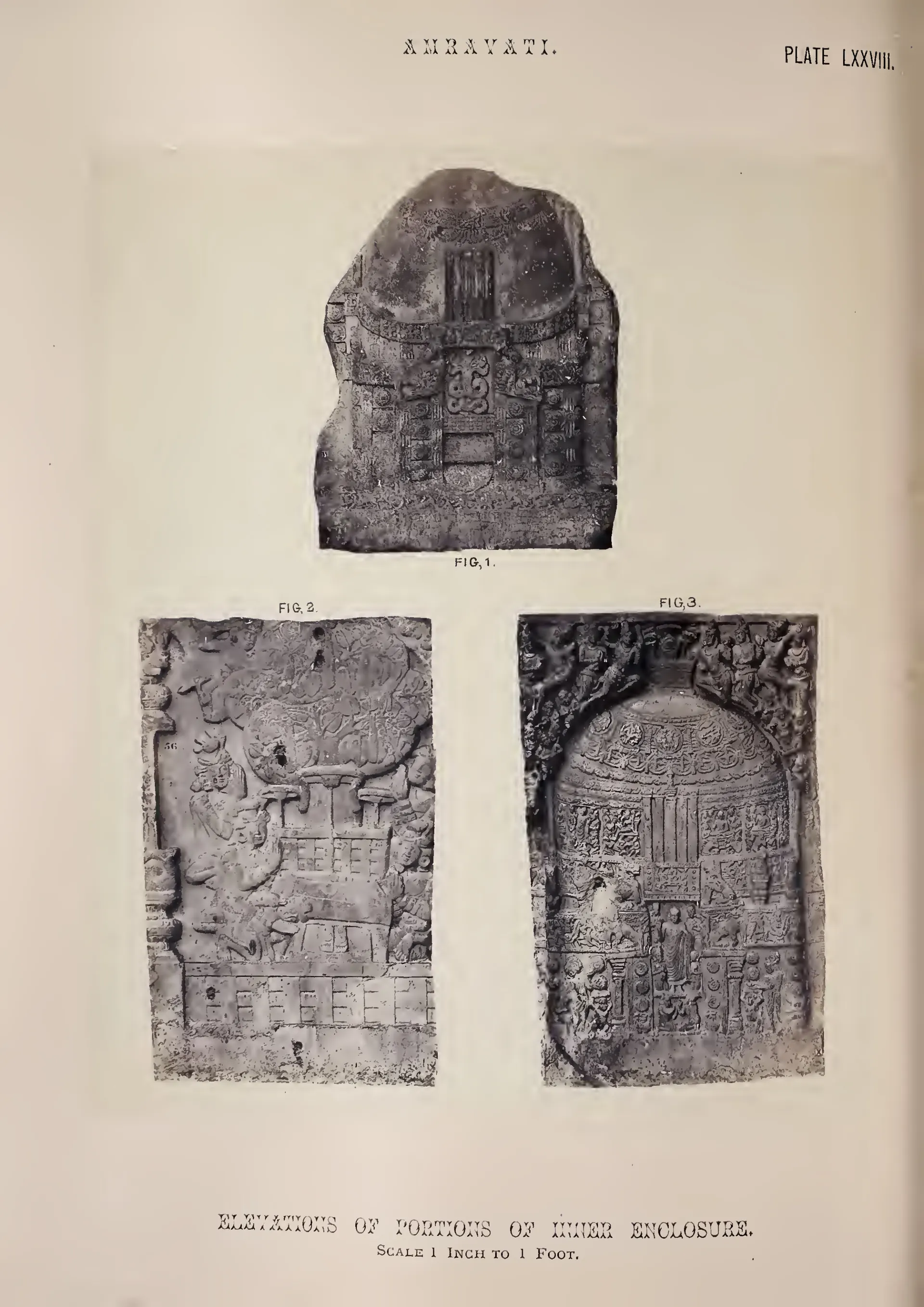 Photograph of three slabs from the inner rail carved with stupas.