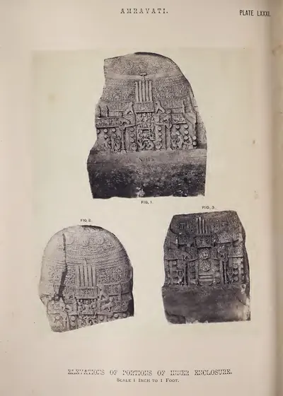 Photograph of three slabs from the inner rail carved with stupas.