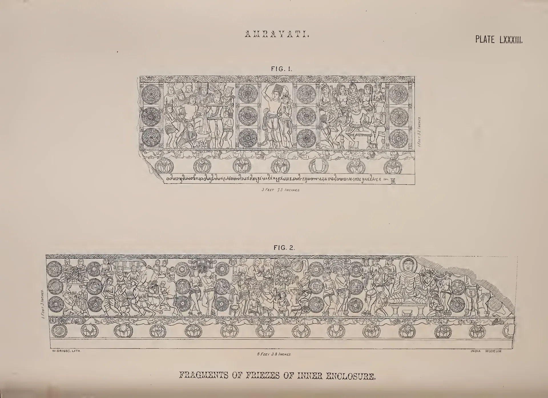 Line drawings of two long frieze fragments with rows of figures and rosettes.