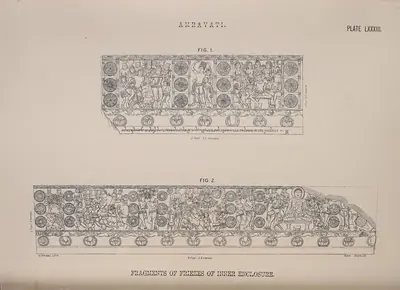 Line drawings of two long frieze fragments with rows of figures and rosettes.