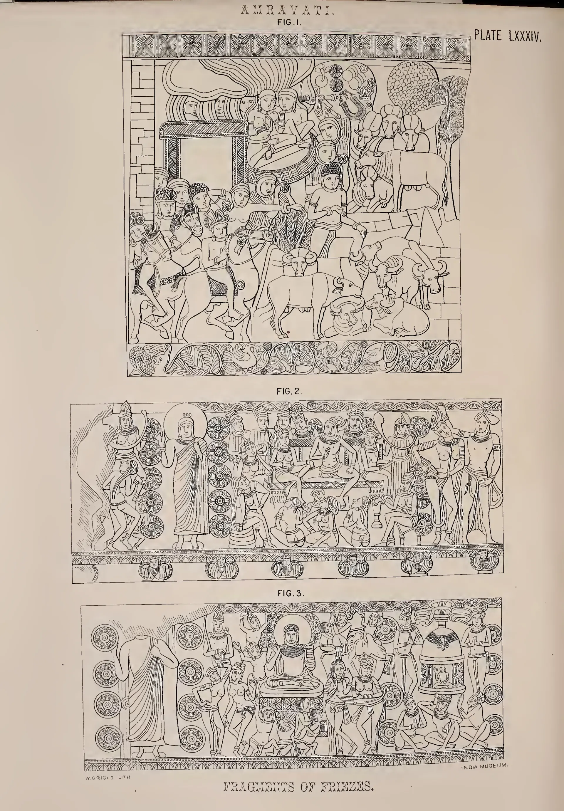 Lithograph of three carved frieze fragments with figures, animals and a seated Buddha.