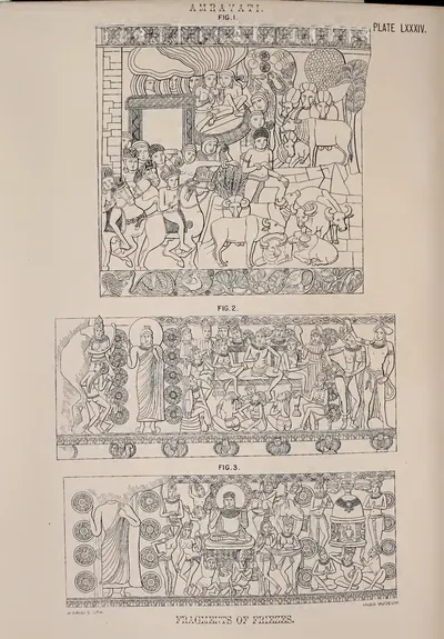 Lithograph of three carved frieze fragments with figures, animals and a seated Buddha.