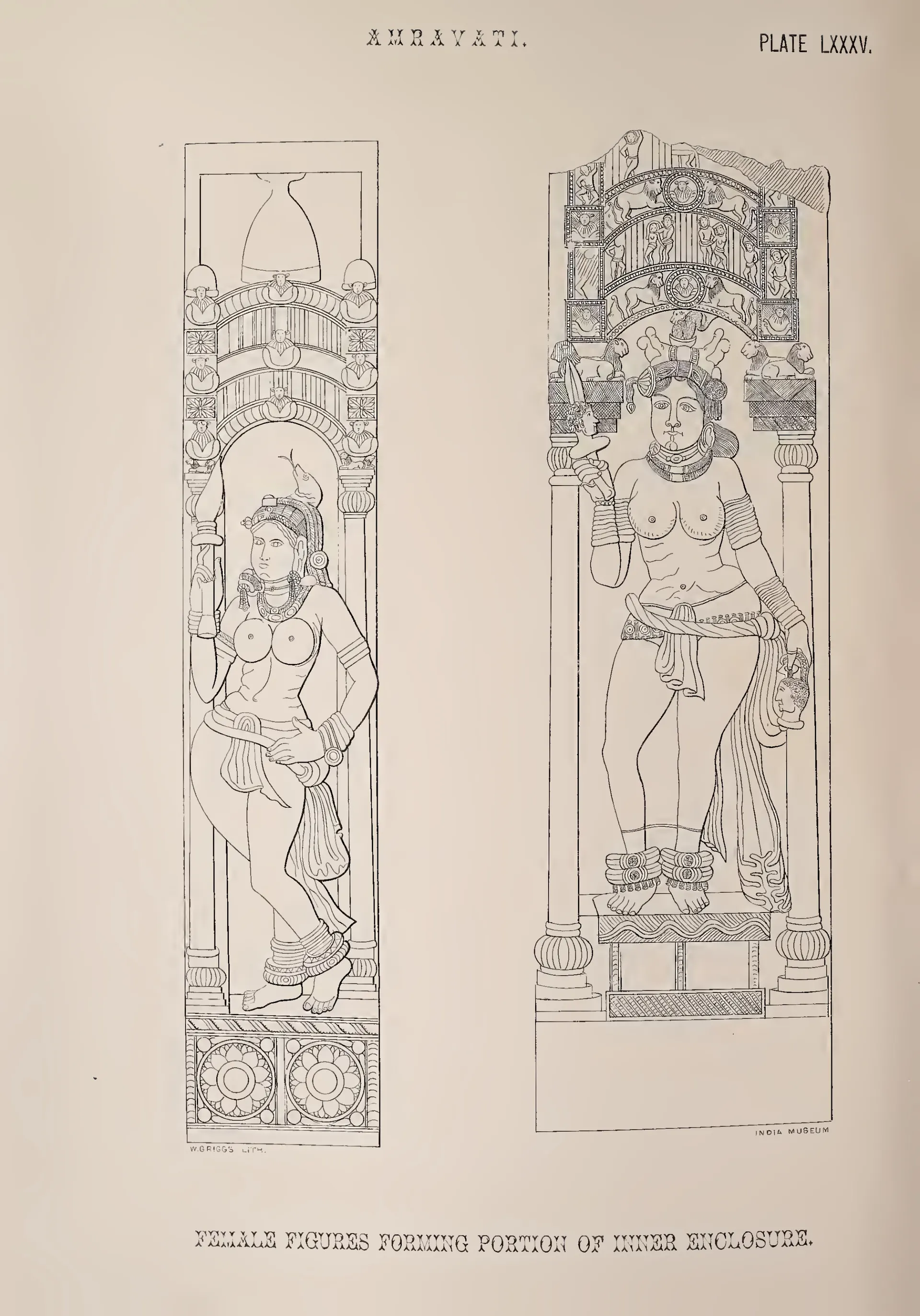Lithograph of two tall panels each with a standing female figure under an arch.