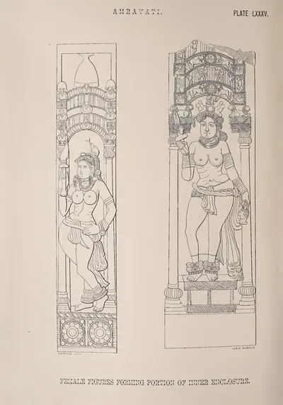 Lithograph of two tall panels each with a standing female figure under an arch.