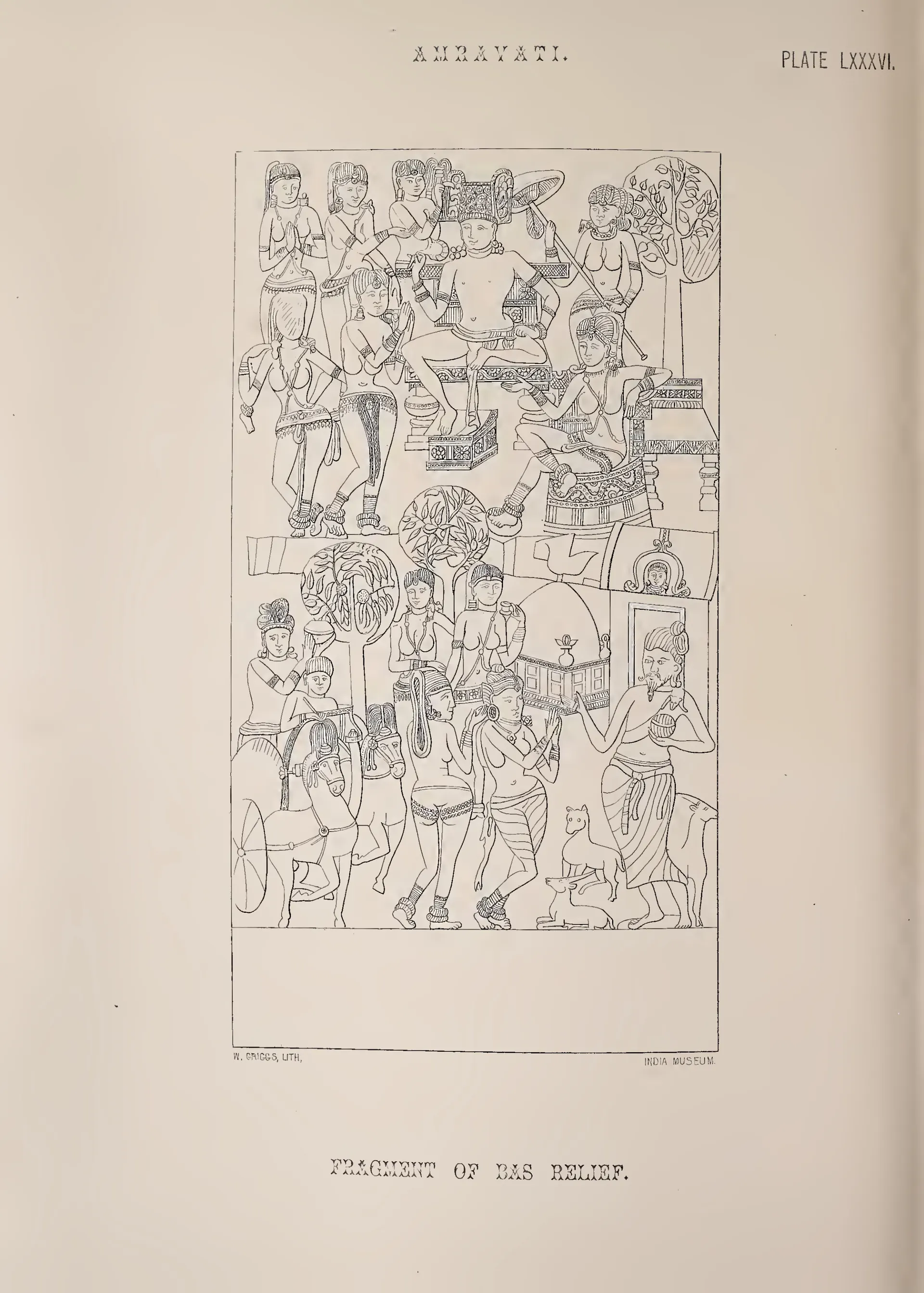Lithograph of a relief panel crowded with figures, horses and umbrellas in procession.