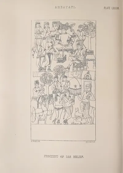 Lithograph of a relief panel crowded with figures, horses and umbrellas in procession.