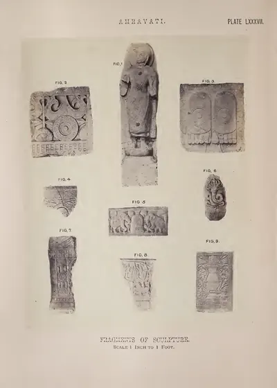Photograph of a standing Buddha figure and several carved fragments.