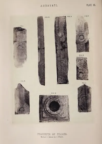 Photograph of pillar fragments and a square base with a socket.