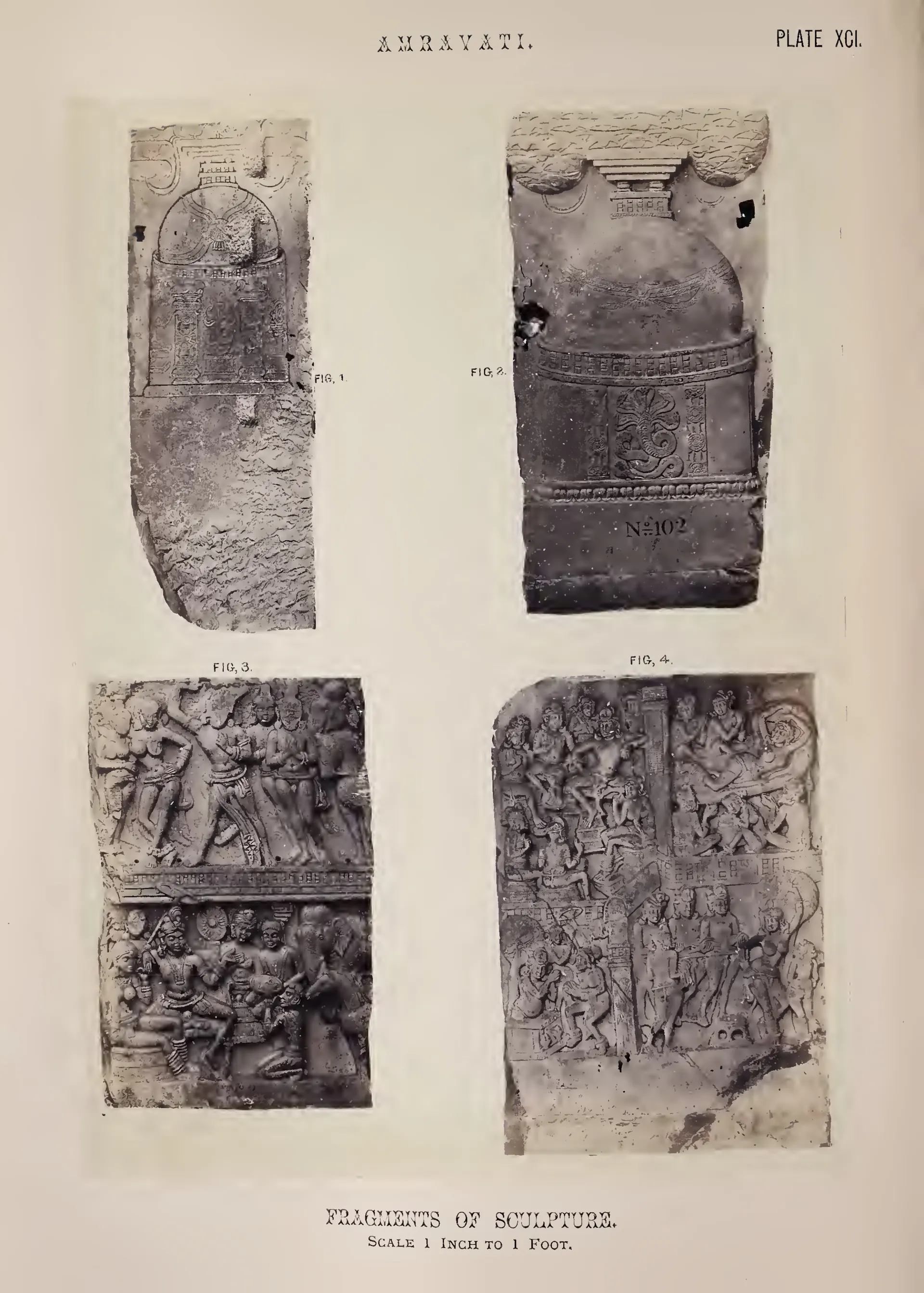 Photograph of four carved fragments, including relief panels with figures.