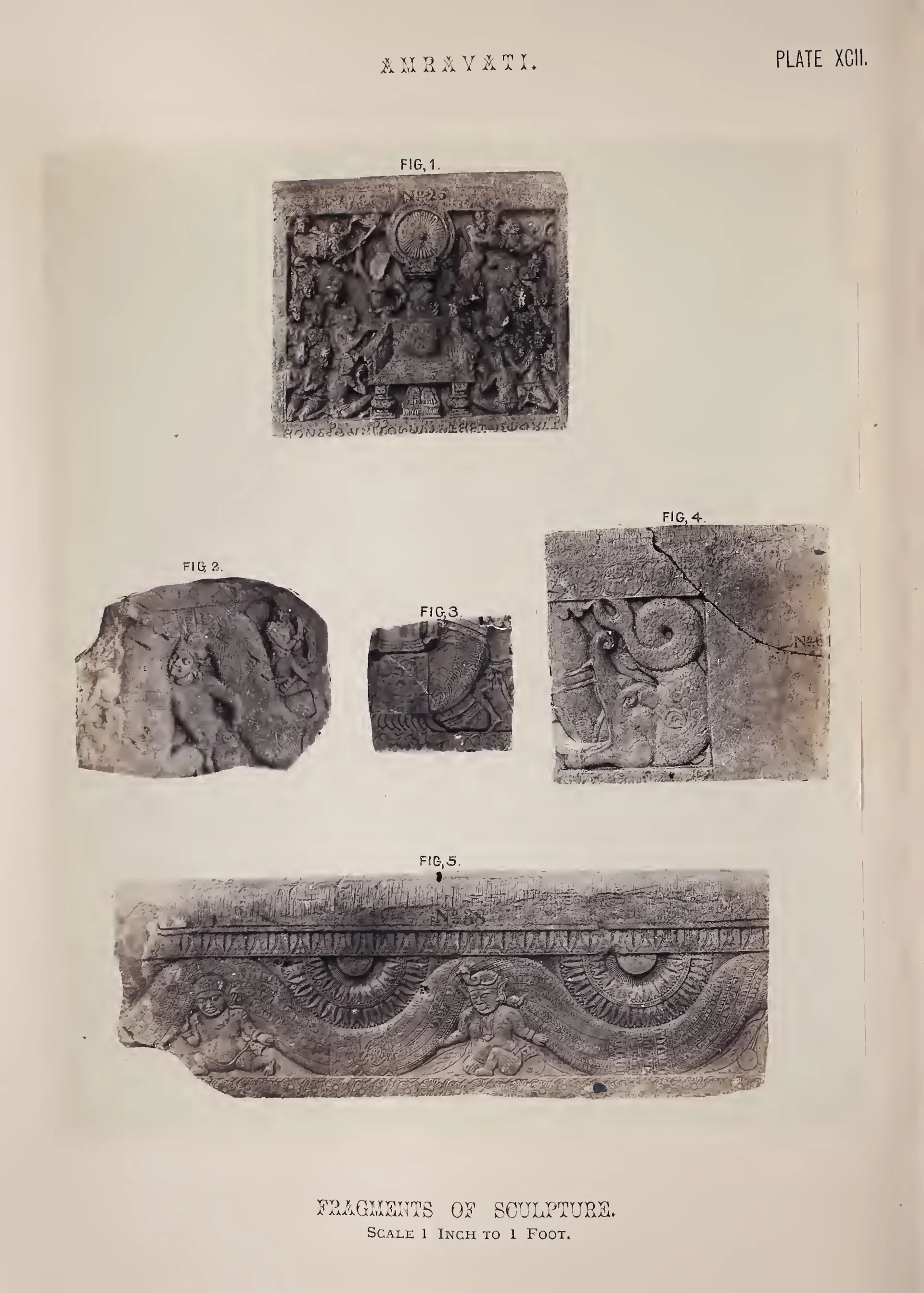 Photograph of several carved fragments and a long frieze piece.