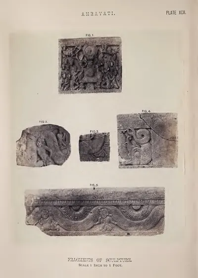 Photograph of several carved fragments and a long frieze piece.