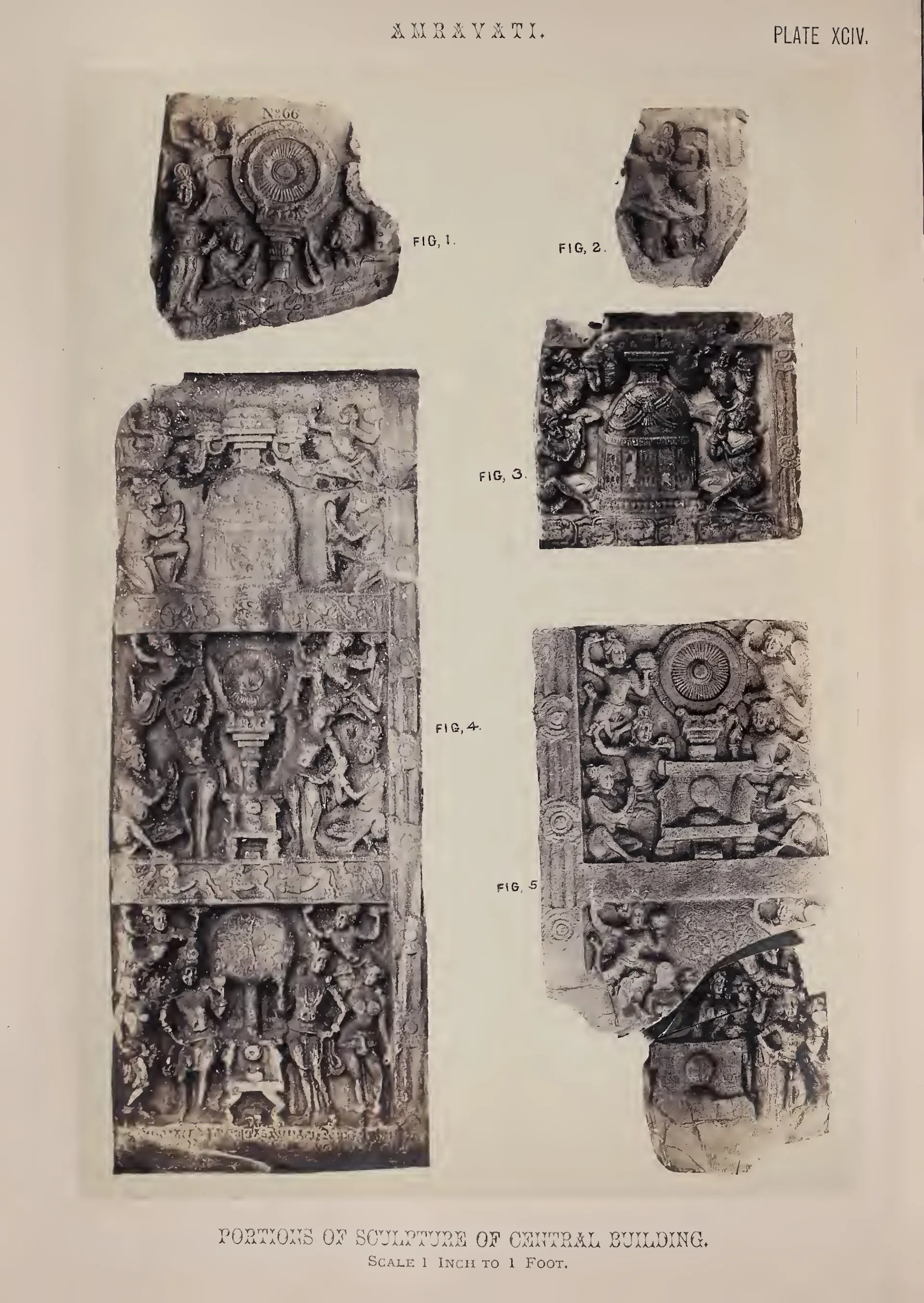 Photograph of carved slabs with stupas, pillars and figures.