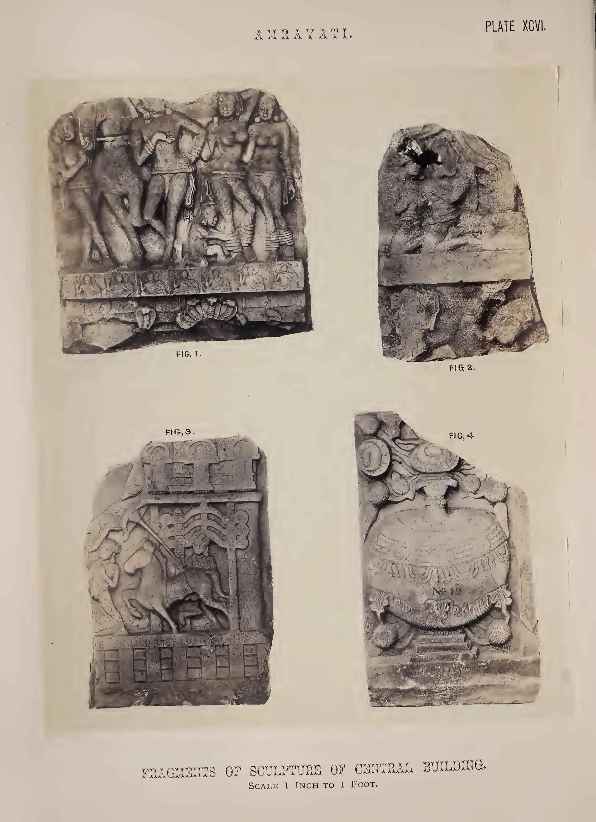 Photograph of four carved slab fragments with figures and stupas.