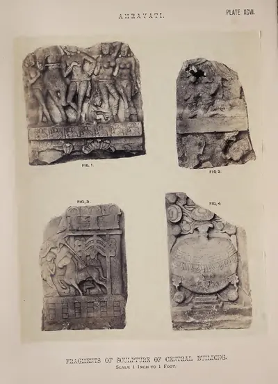 Photograph of four carved slab fragments with figures and stupas.