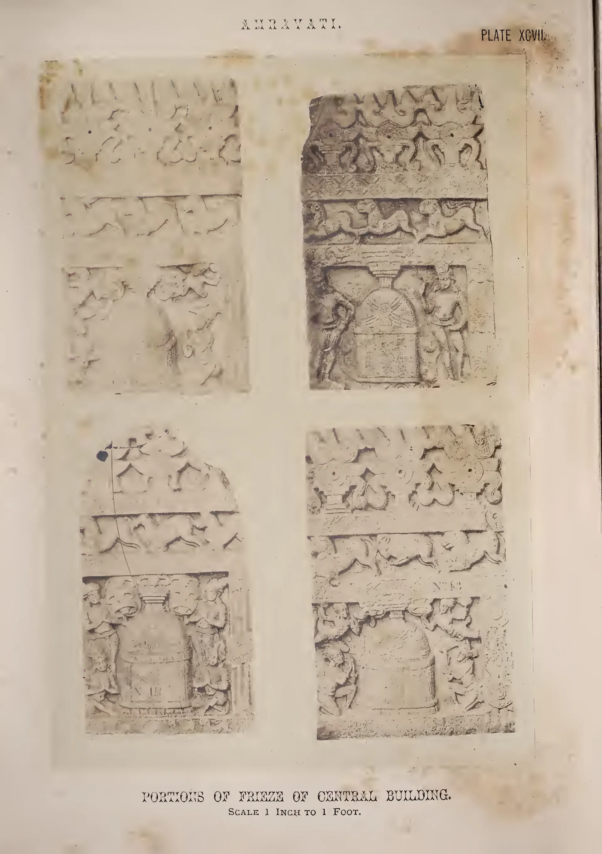Photograph of four frieze slabs carved with stupas and figures.