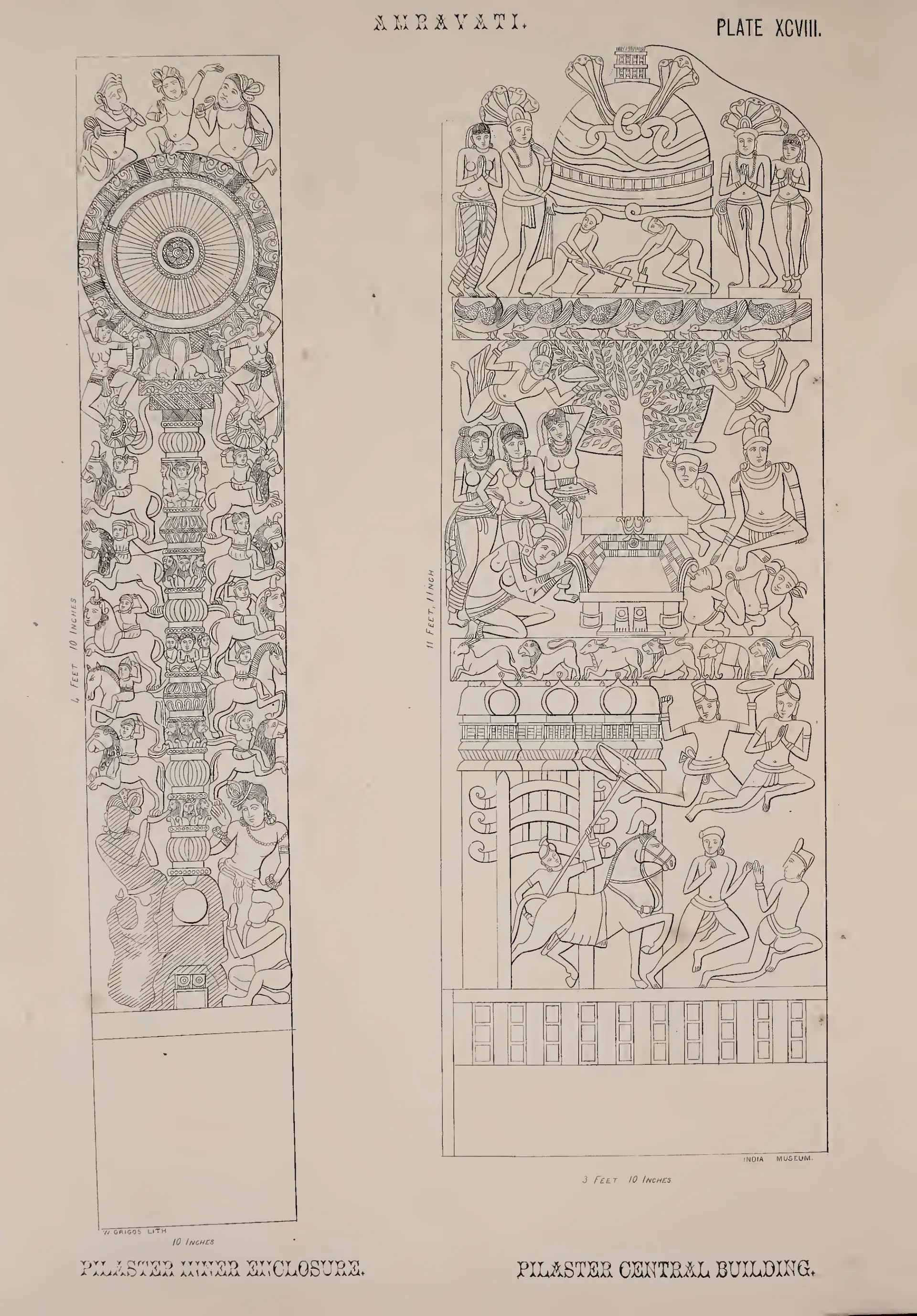 Lithograph of two tall carved pilasters, one with a wheel and lotus, the other with figure panels.