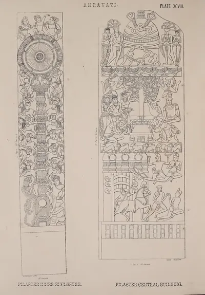 Lithograph of two tall carved pilasters, one with a wheel and lotus, the other with figure panels.