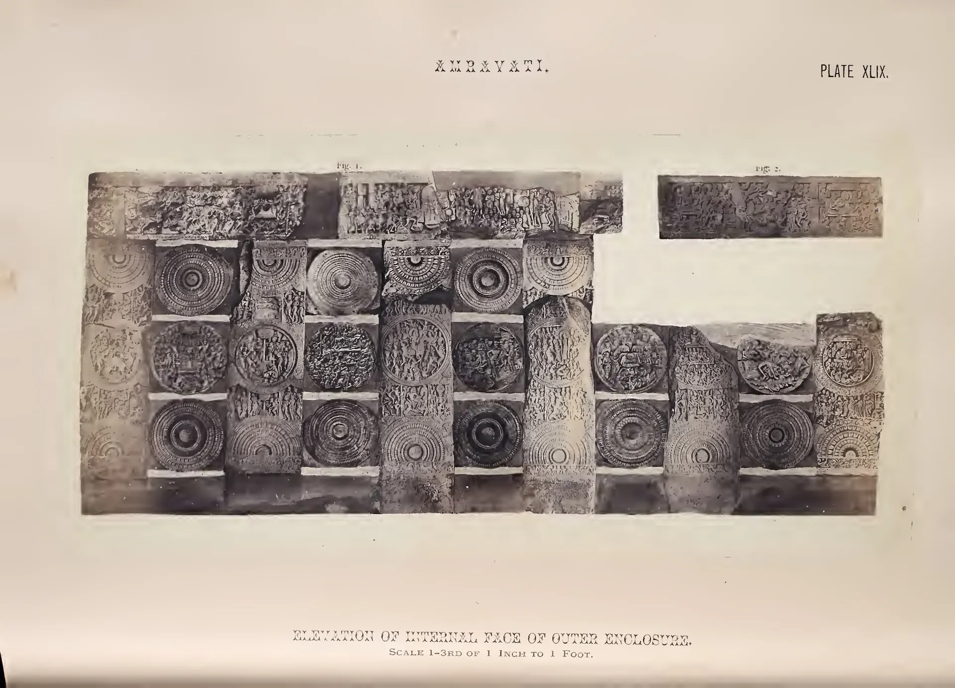 Photographic montage of rail pillars, cross-bars and coping arranged to show the inner face of the Amaravati rail.