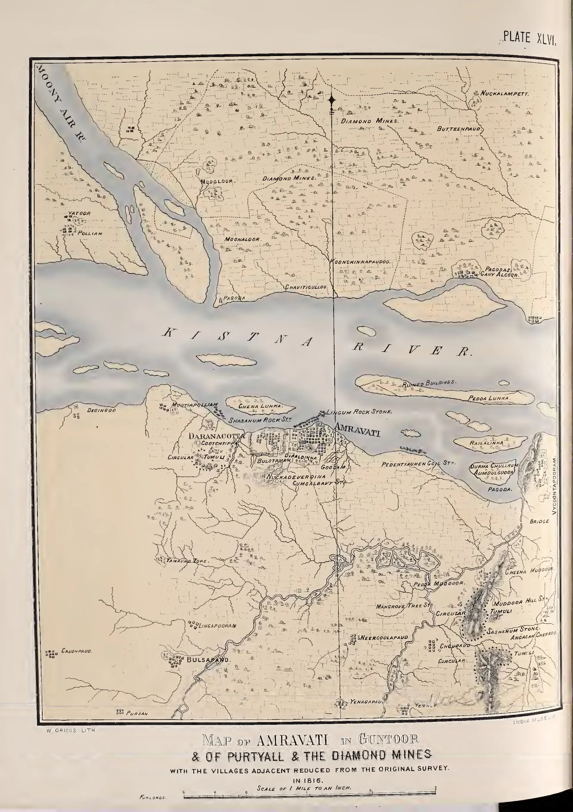Coloured map of the Kistna river around Amaravati, showing villages, roads and the Partiyala diamond mines.