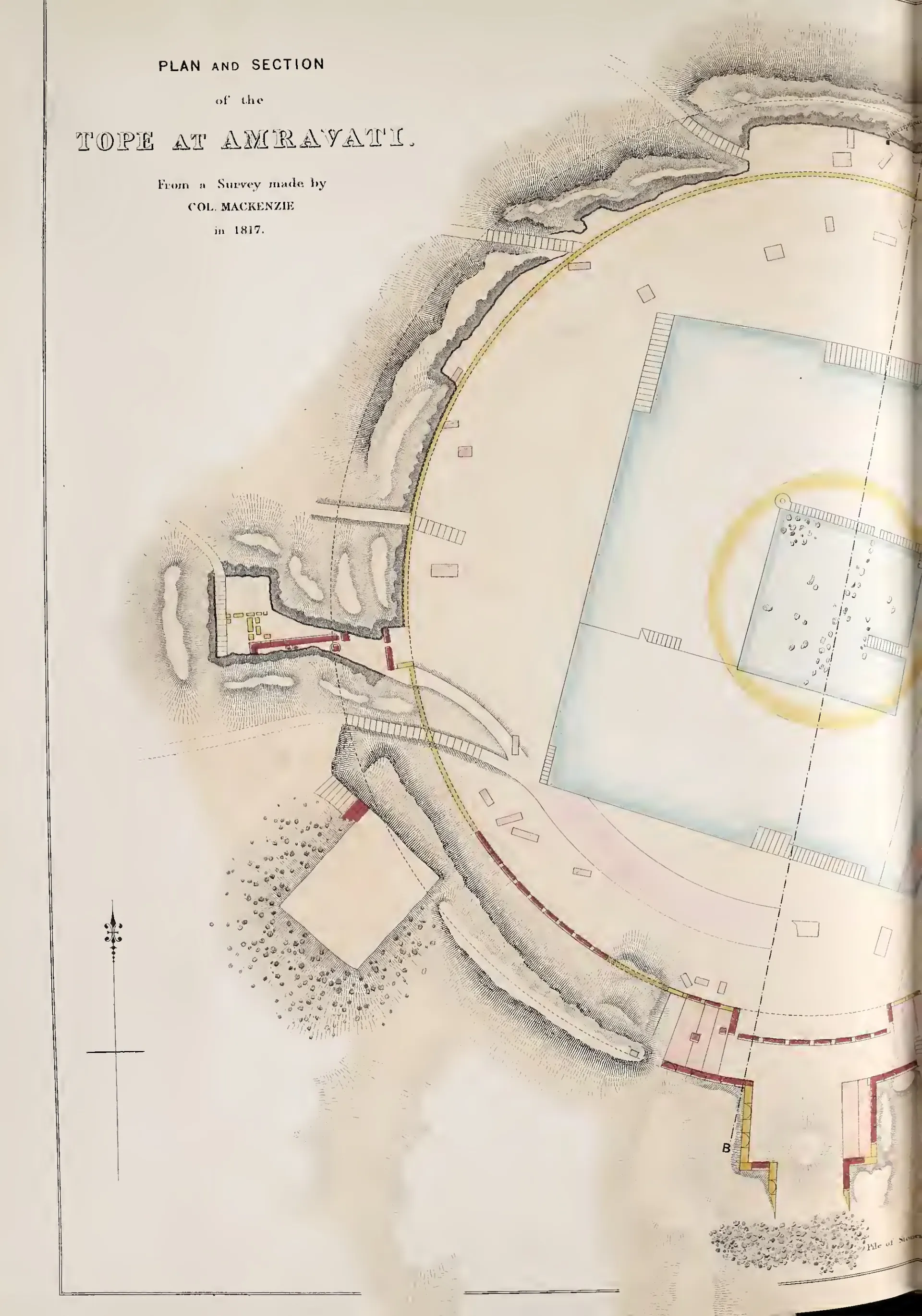 Coloured survey plan of the circular stupa mound at Amaravati, showing the rail and gateways.