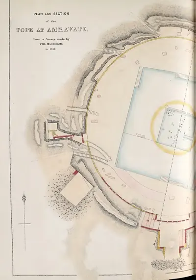 Coloured survey plan of the circular stupa mound at Amaravati, showing the rail and gateways.