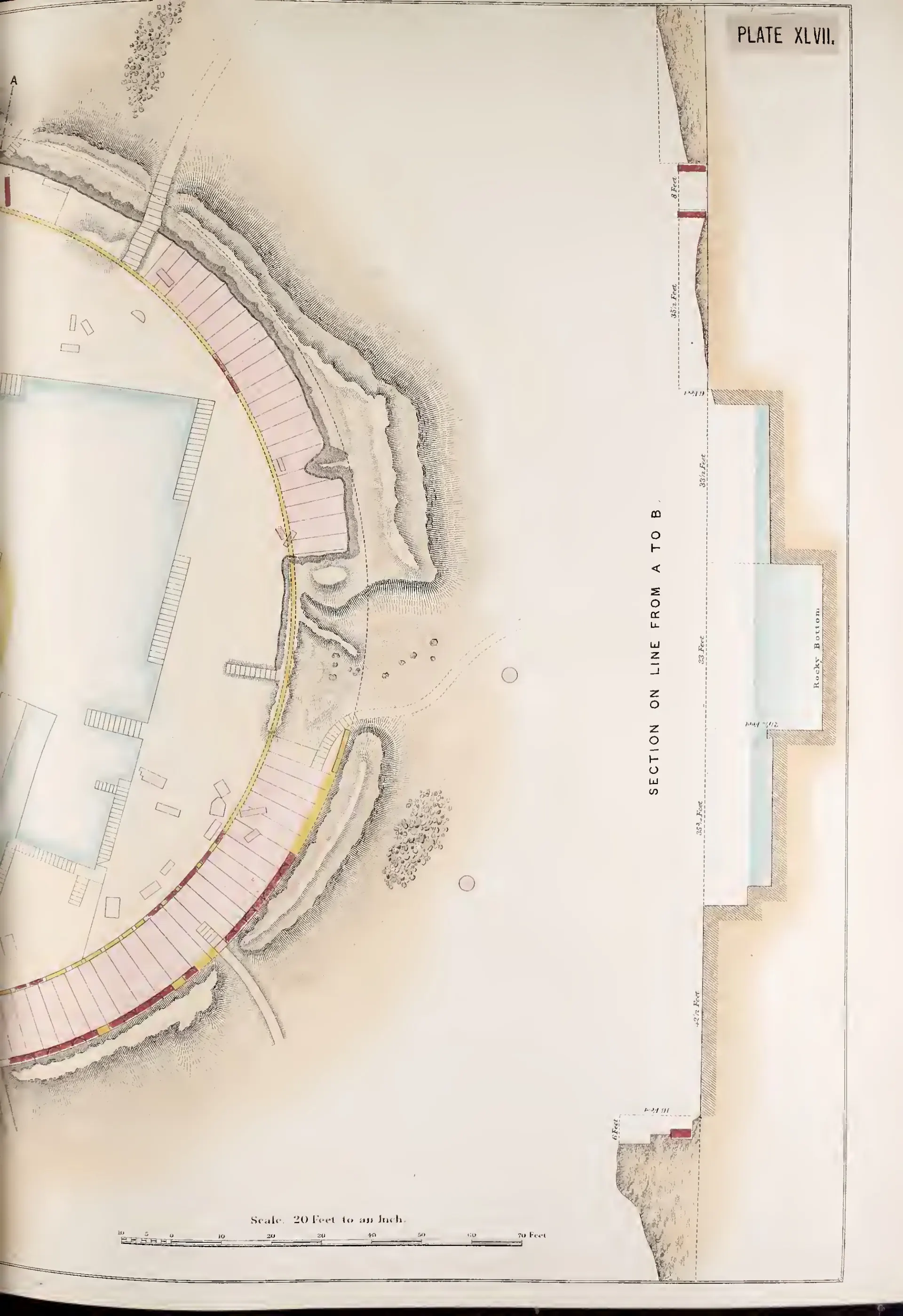 Right half of a coloured survey plan of the stupa at Amaravati, with a section along the line of the mound.