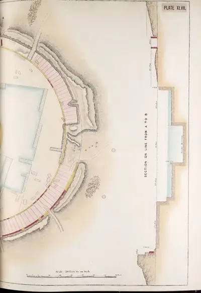 Right half of a coloured survey plan of the stupa at Amaravati, with a section along the line of the mound.