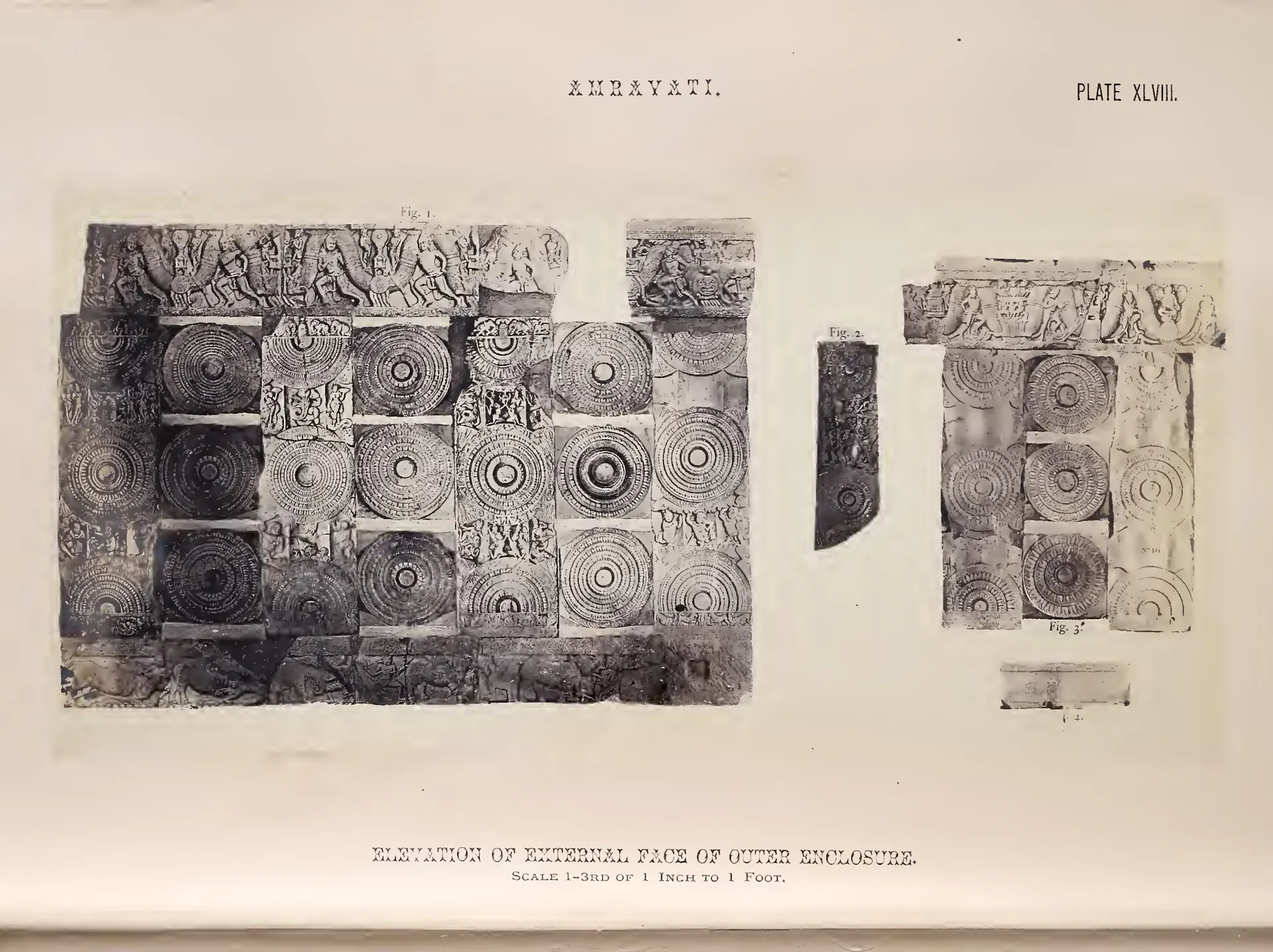 Photographic montage of rail pillars, cross-bars and coping arranged to show the outer face of the Amaravati rail.
