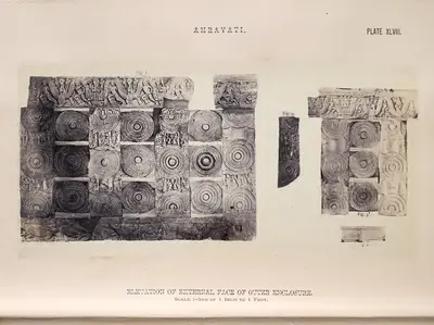 Photographic montage of rail pillars, cross-bars and coping arranged to show the outer face of the Amaravati rail.
