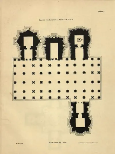 Ground plan of a temple with three shrines opening off a pillared hall, with a scale.