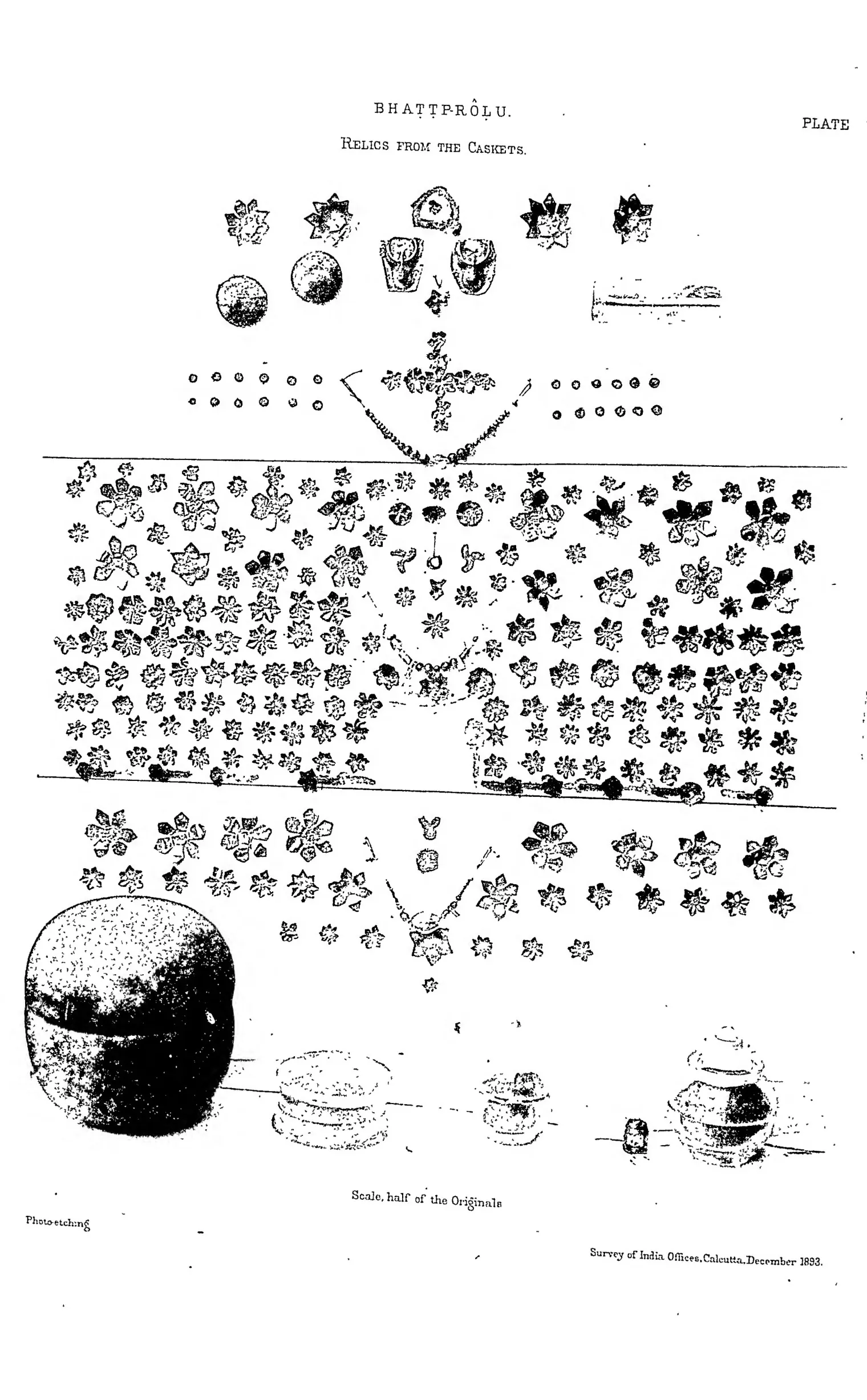 Drawing of the relic deposits from the Bhattiprolu caskets: gold flowers, beads, small coins and crystal caskets.