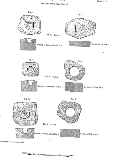 Drawings of the three inscribed stone caskets in plan and section, with their lids.
