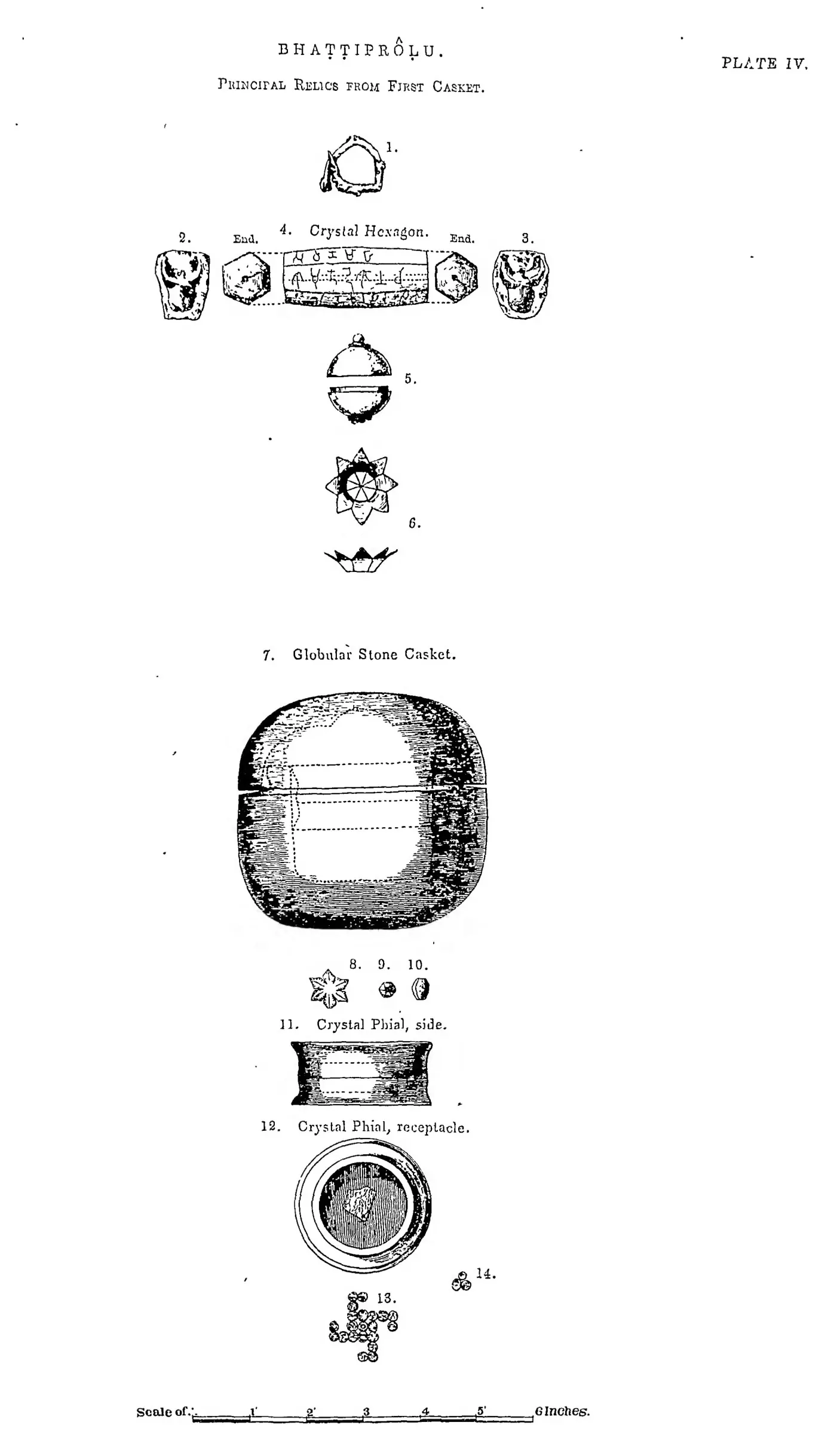 Drawings of the contents of the first casket: a stone casket, a crystal phial, beads and coins laid out in a svastika.