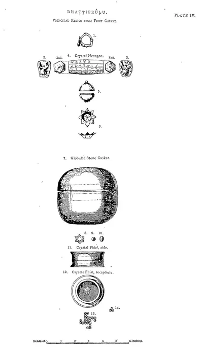 Drawings of the contents of the first casket: a stone casket, a crystal phial, beads and coins laid out in a svastika.