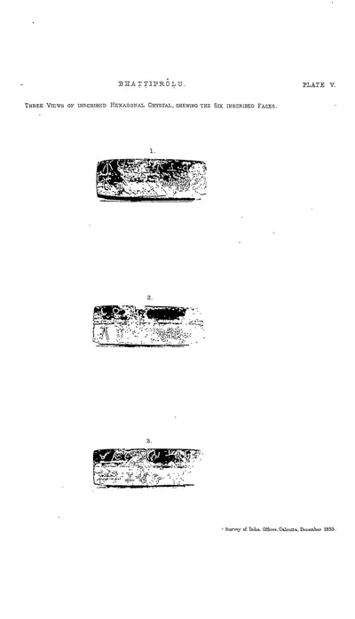 Three drawings of a six-sided pierced crystal with lightly scratched letters on its faces.