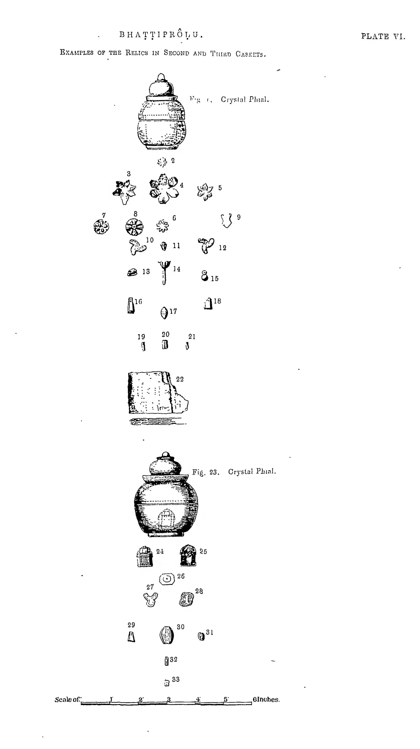 Drawings of the relics from the second and third caskets: small inner caskets, beads and ornaments.