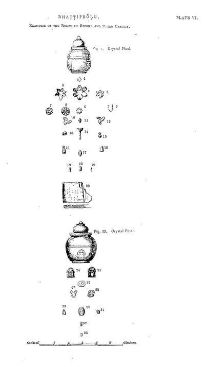 Drawings of the relics from the second and third caskets: small inner caskets, beads and ornaments.