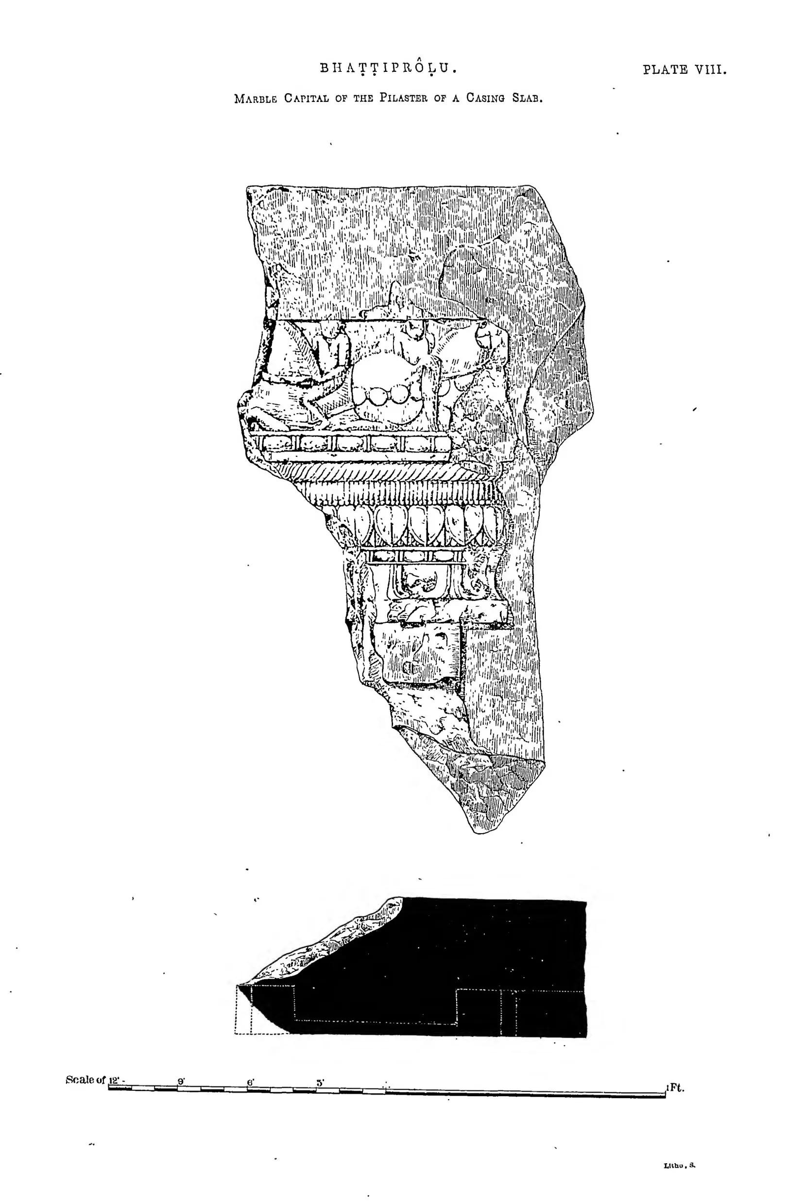 Drawing of a carved marble pilaster capital from the stupa, with its plan.