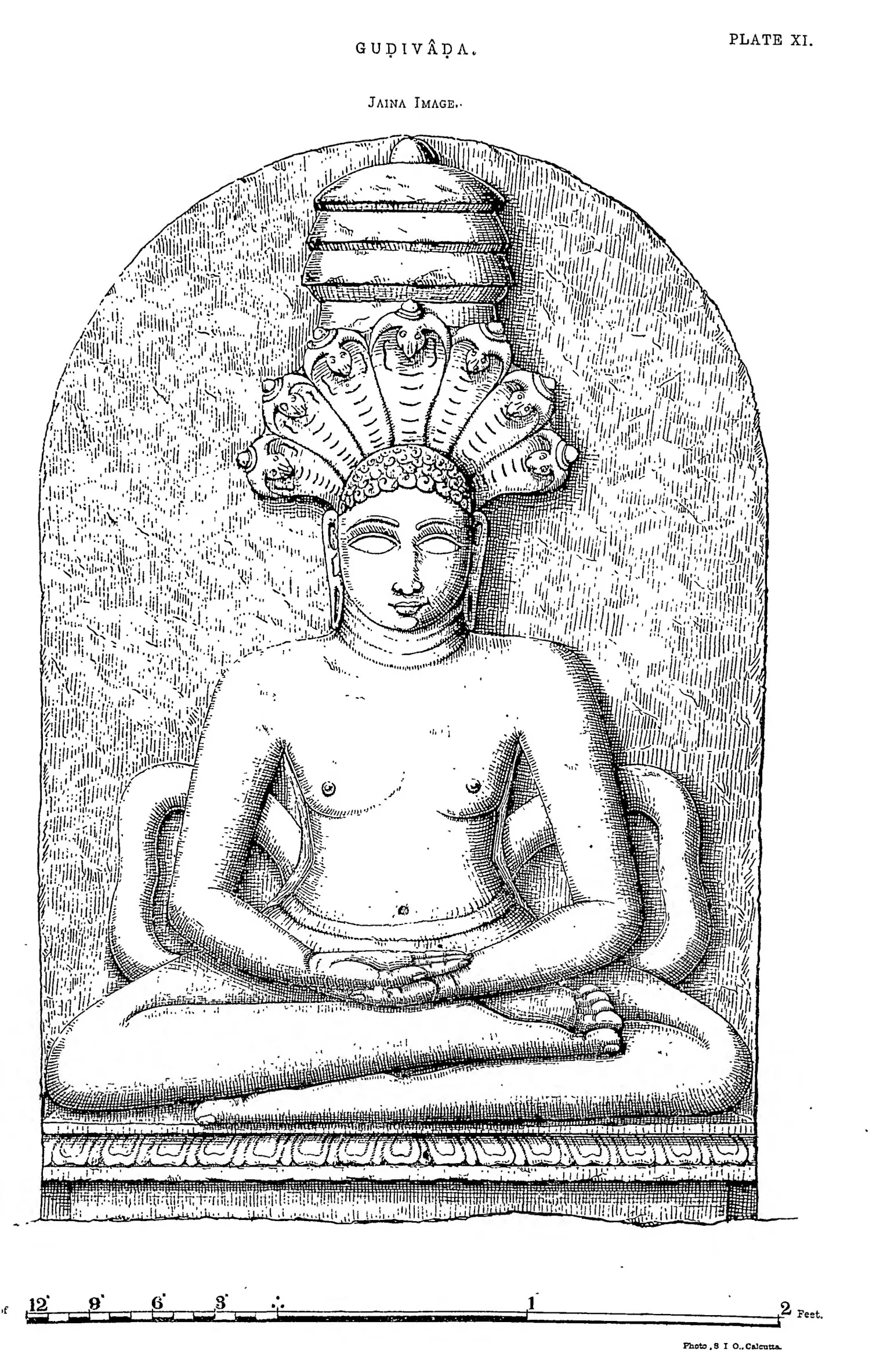 Drawing of a seated Jaina figure under a five-hooded snake canopy, carved on a stele.