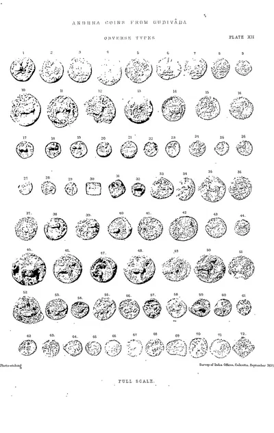 Drawings of about seventy small round coins from Gudivada, showing obverse types at full size.