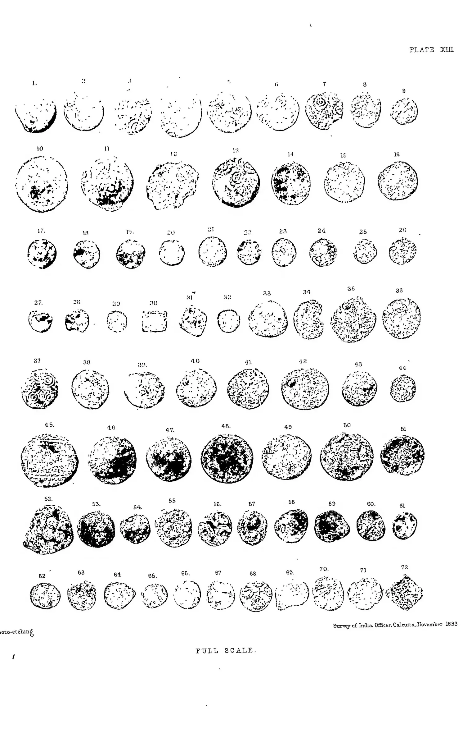 Drawings of about seventy small round coins from Gudivada, showing reverse types at full size.