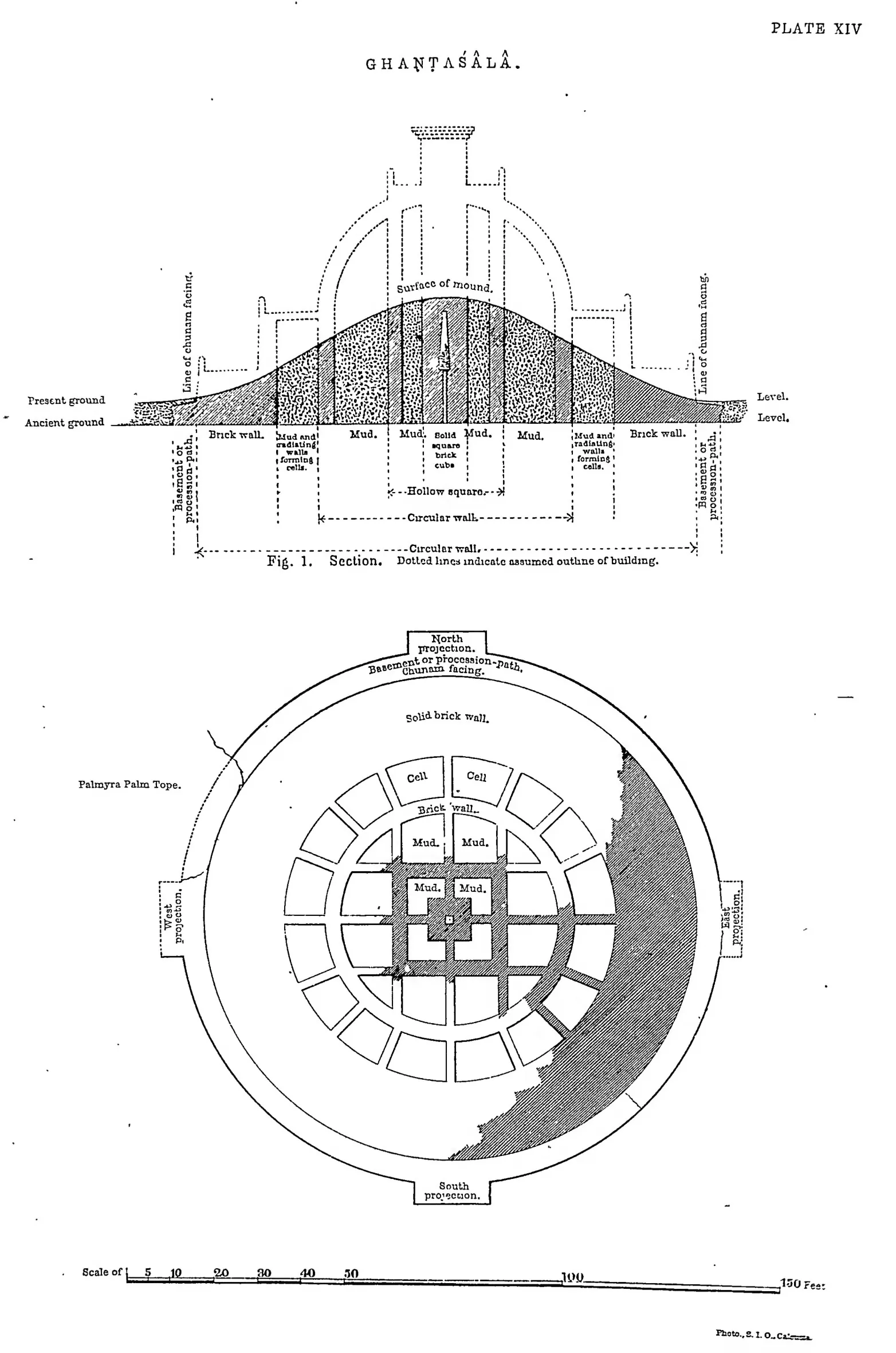 Plan and section of the Ghantasala stupa, showing its solid core and ring of radiating cells.
