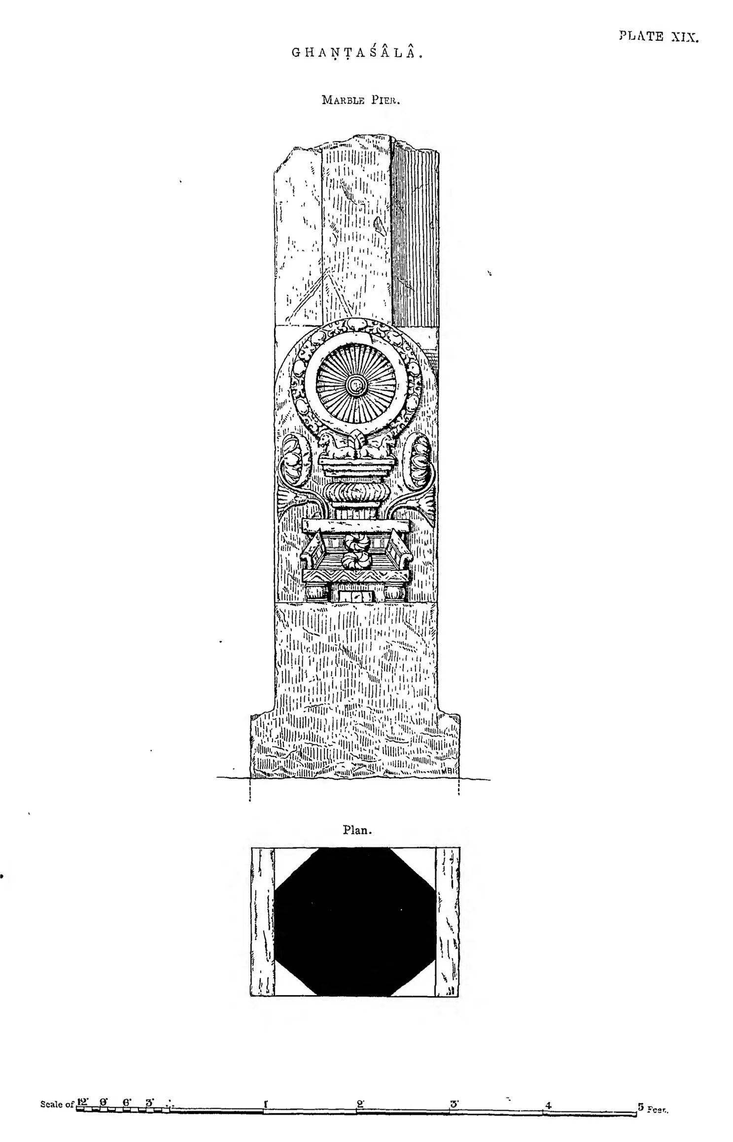 Drawing of a marble pier carved with a medallion and a stupa, with its plan.
