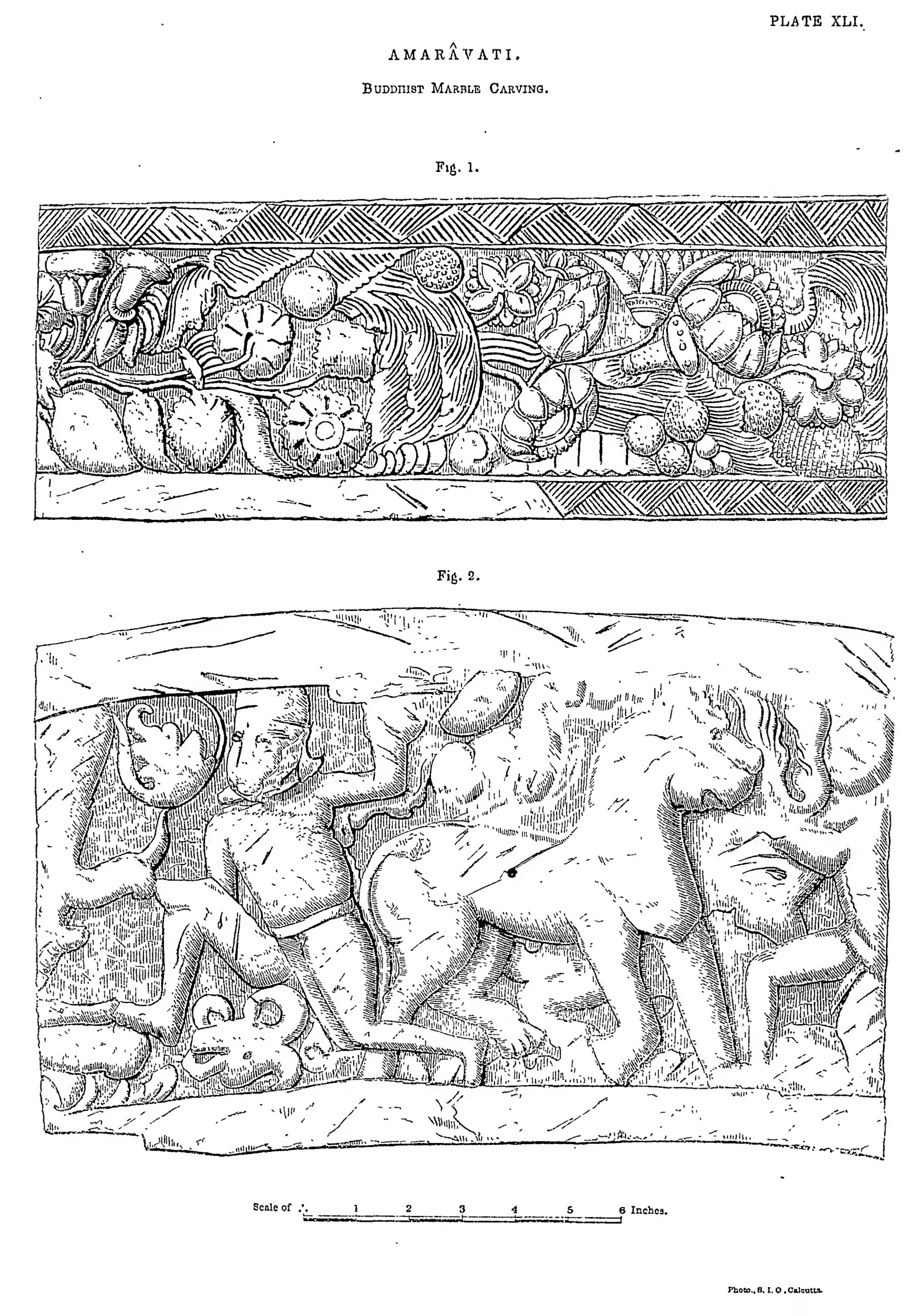 Drawing of two carved friezes with foliage and figures.