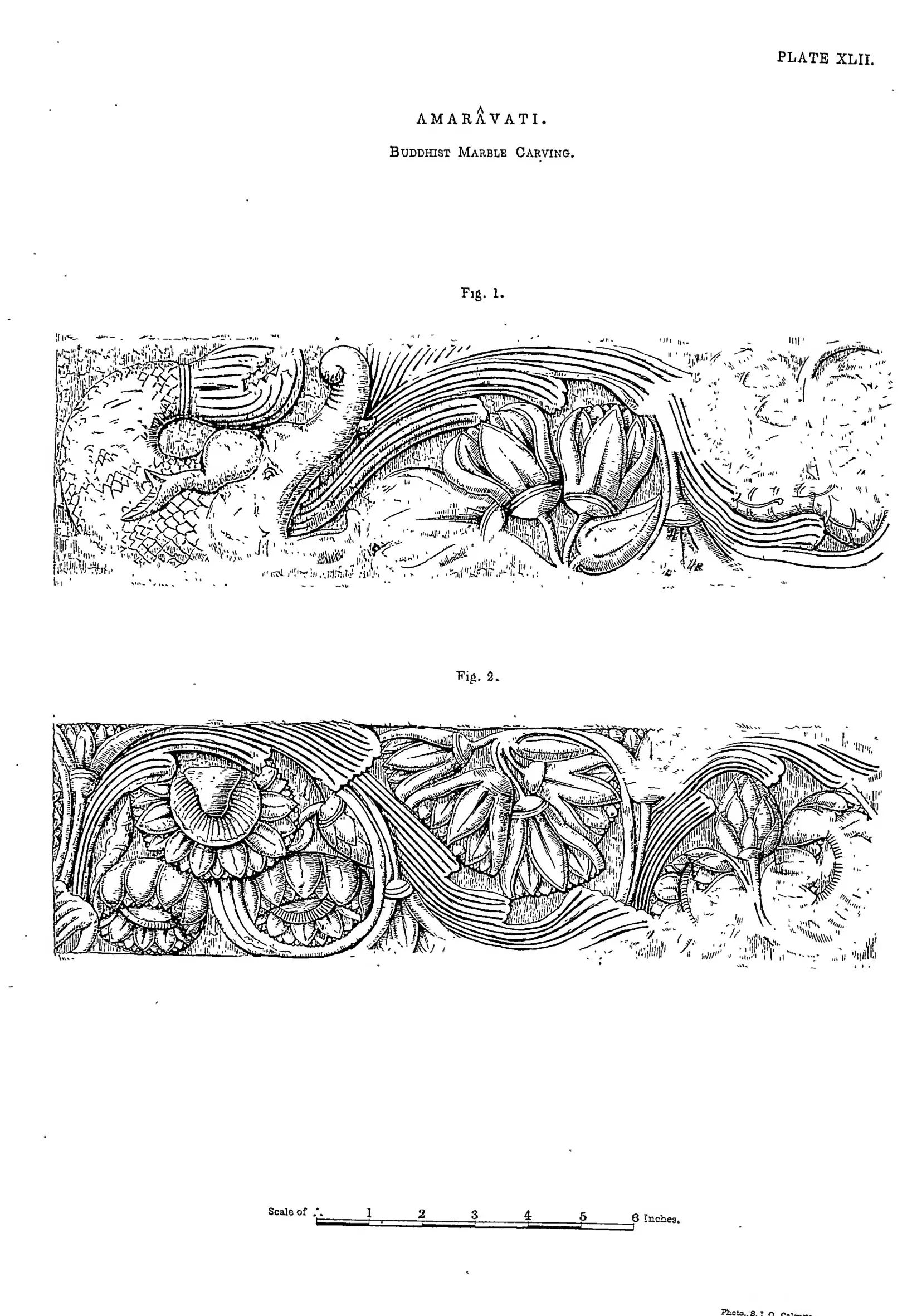 Drawing of two carved fragments with scroll ornament.