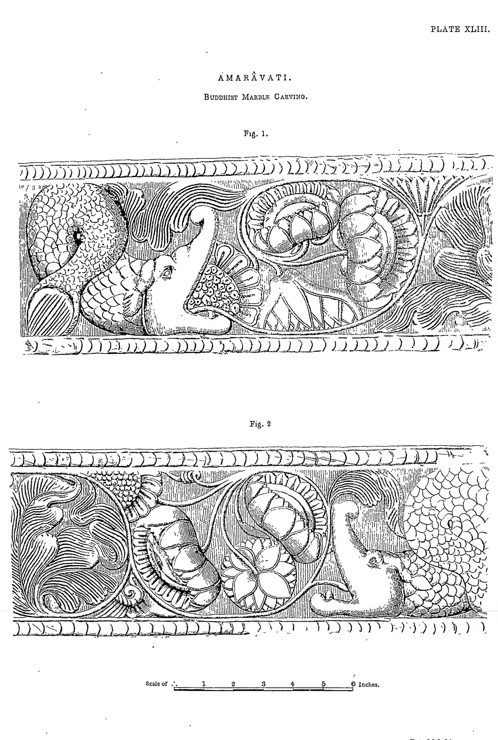 Drawing of two carved friezes with a makara and lotus scrolls.
